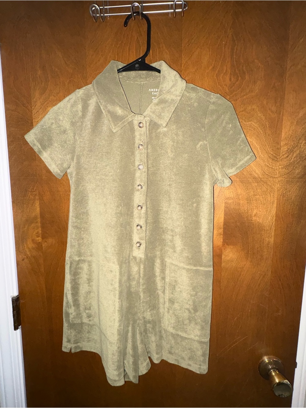 Olive Green American Eagle Terry Cloth Romper with Button Front - Picture 2 of 4